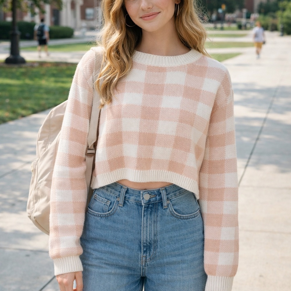 Papermoon Pink and White gingham Sweater Cozy Comfort cropped small